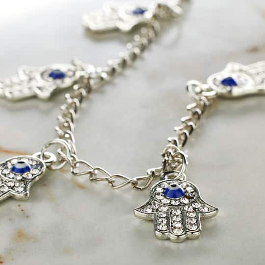 Silver Rhinestone Hamsa Metal Hand Beads, 21mm by Bead Landing™